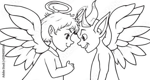 Принти на полотні Angel and devil children facing each other with a concept of good versus evil or