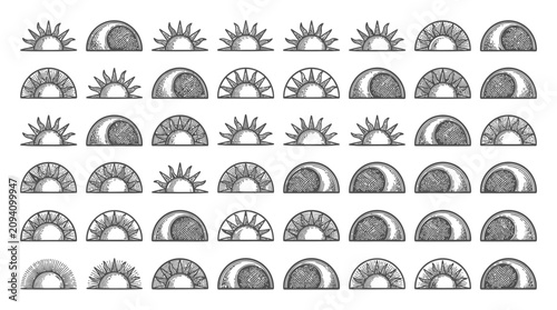 プロジェクト向けのさまざまな質感と光線を持つヴィンテージ風手描きサンバーストと半円コレクション