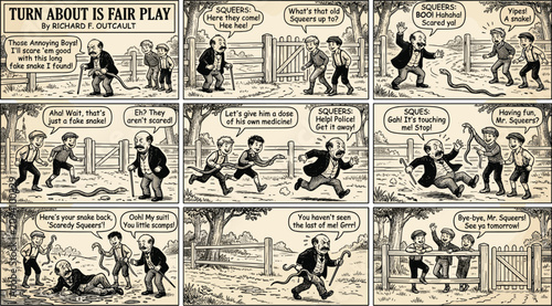 Vintage Retro Comic Strip Vector Illustration Storyboard Featuring Funny Cartoon Characters Prank Sequence Narrative and Speech Bubbles for Creative Graphic Layouts
