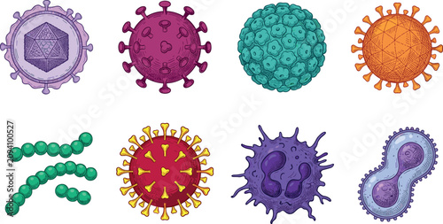 Foto Microscopic virus and bacteria cell structures vector illustration set featuring pathogens coronavirus bacillus and blood cells isolated on white background