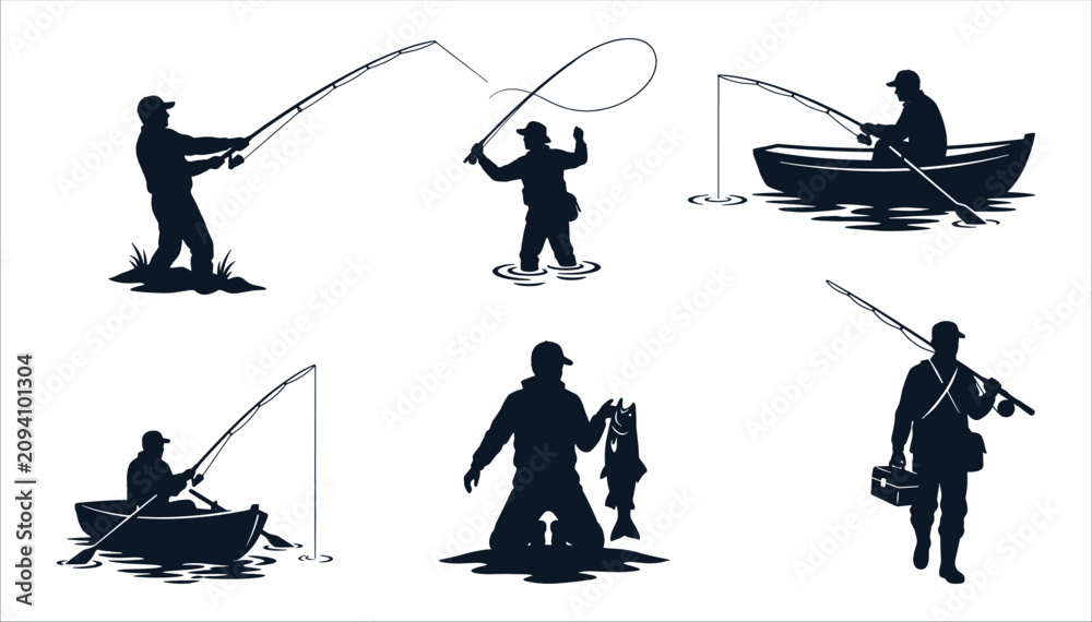 Fototapeta premium Fisherman and Fishing Silhouettes Vector Collection