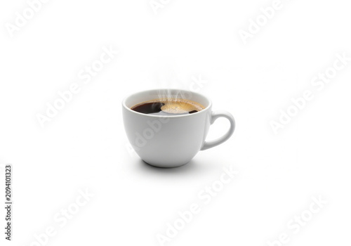 White Cup of Hot Black Coffee on Saucer Isolated on White Background