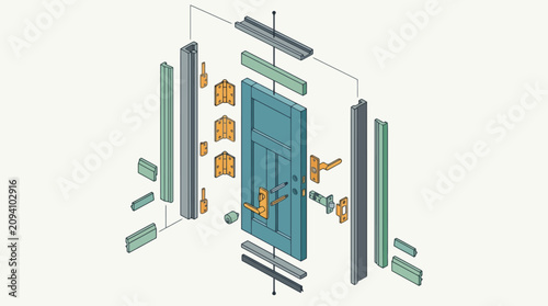 Isometric exploded view diagram of a wooden door assembly showing frame hinges and lock hardware. EPS Editable. Vector Illustrations.
