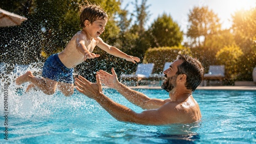 Father catches son jumping into swimming pool during sunny day, surrounded by lush greenery and lounge chairs, showcasing a joyful moment of family bonding and outdoor recreation