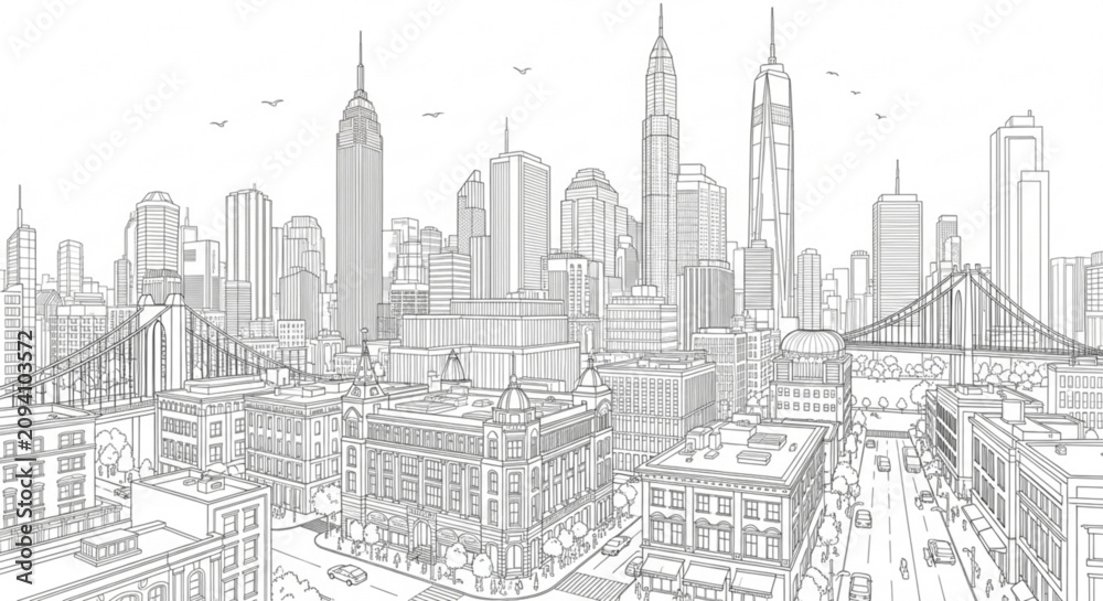 Fototapeta premium City skyline line art. Urban metropolis sketch. Modern town architecture.