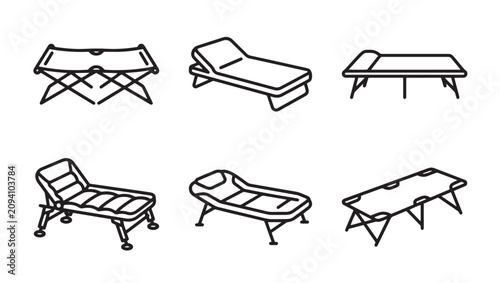 Folding camp bed and outdoor furniture collection with furniture adventure portable equipment illustration minimalist vacation temporary lightweight foldable structure