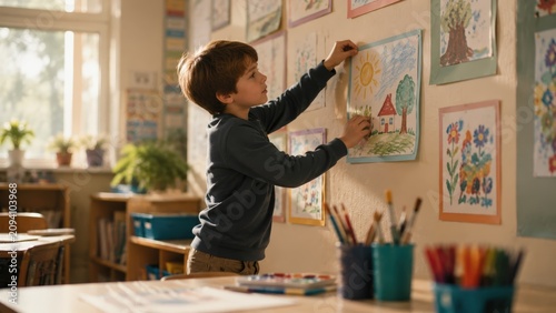 Young boy with brown hair hangs colorful drawings on classroom wall, surrounded by art supplies, plants, and bookshelves, showcasing a creative learning environment for children