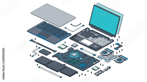 Isometric exploded view of laptop computer internal components and hardware parts. EPS Editable. Vector Illustrations.