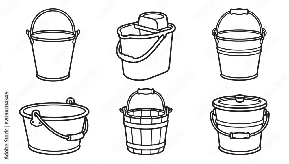 Obraz premium Household buckets and pails vector icon set with container cleaning household illustration monochrome domestic supplies equipment capacity industrial