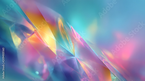 Abstract background featuring crystal structures with iridescent light reflections and vibrant blue pink gradient colors.