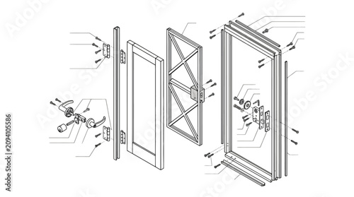 Technical diagram showing exploded view of door assembly components. EPS Editable. Vector Illustrations.