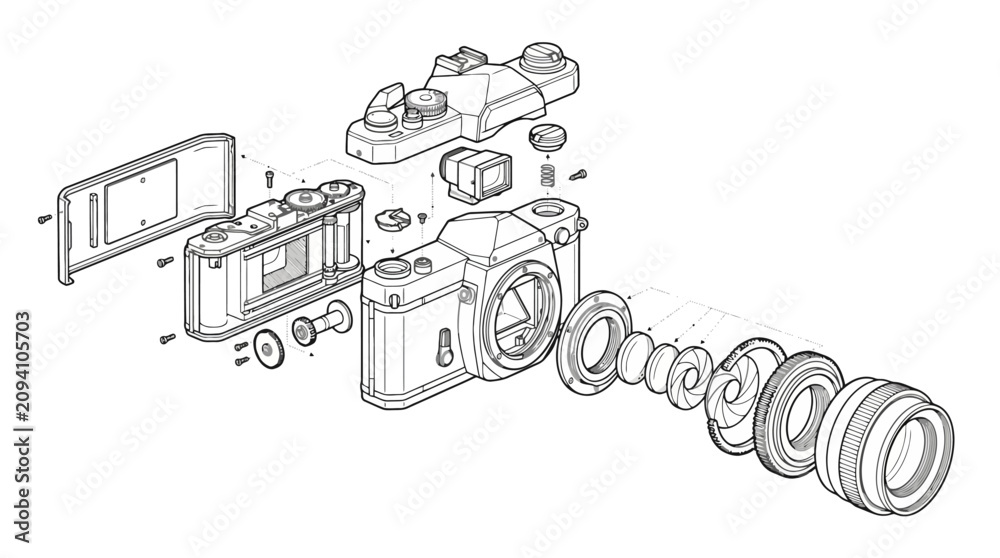 Obraz premium Technical exploded view diagram of a vintage film SLR camera and lens assembly. EPS Editable. Vector Illustrations.