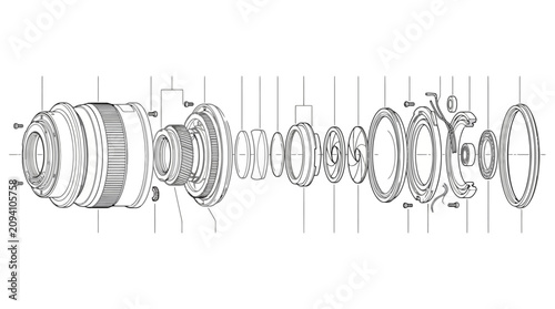 Technical exploded view diagram of camera lens components. EPS Editable. Vector Illustrations.