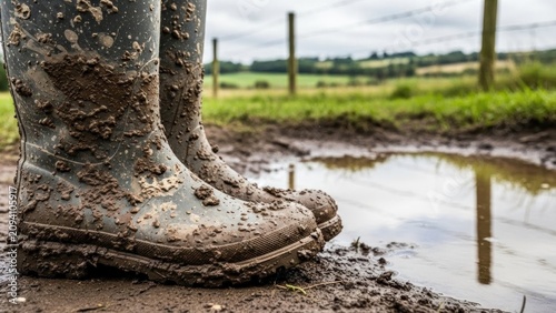 A pair of muddy boots standing on wet muddy ground next to a puddle