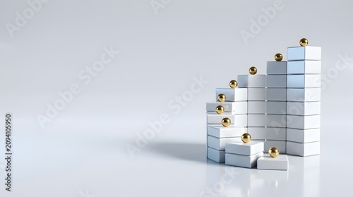 Financial growth progress chart constructed from white blocks and golden spheres representing economic success strategy