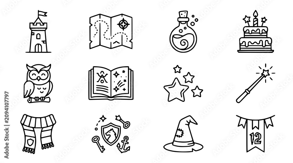 Fototapeta premium Fantasy Icons Collection: Castle, Map, Potion, Cake, Owl, Book, Stars, Wand, Scarf, Shield