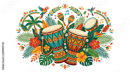 Colorful Tropical Djembe Drums Illustration with Exotic Flowers and Leaves. EPS Editable. Vector Illustrations.