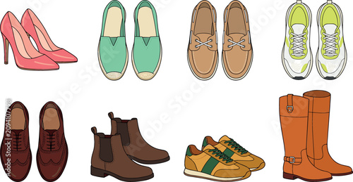 Foto Men and women footwear collection vector illustration featuring high heels sneakers boots loafers and classic brogues isolated on white background