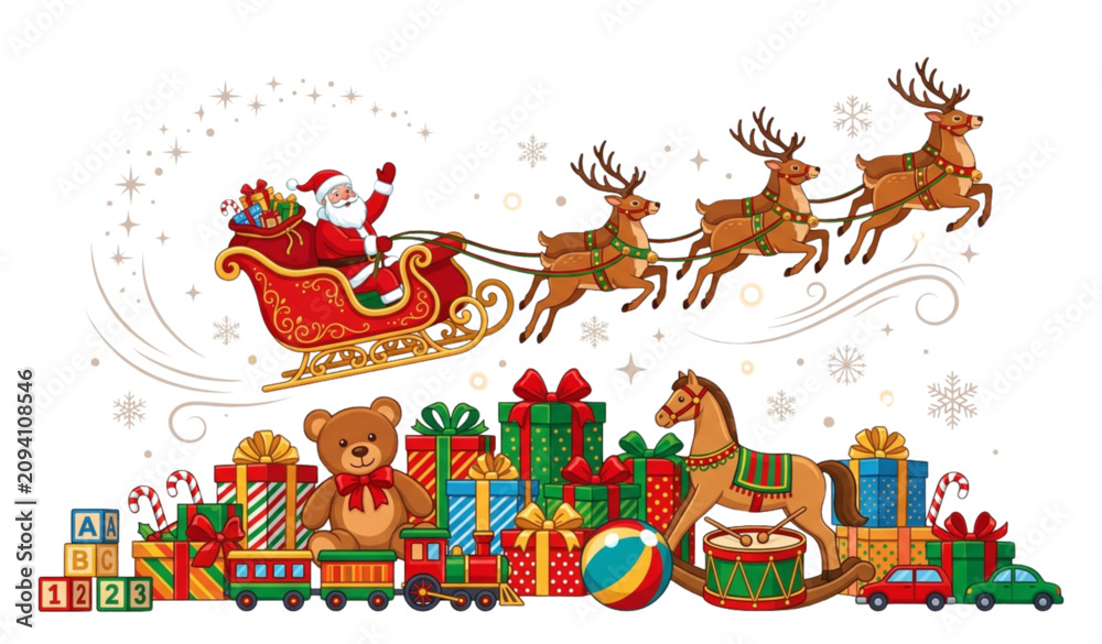 Fototapeta premium Santa Sleigh Flying Over Gift Boxes and Toys Christmas Vector Illustration