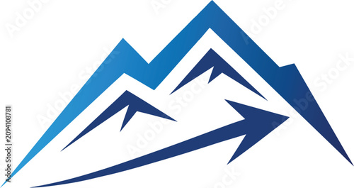 Blue mountain icon with upward arrow for business growth isolated on transparent background, Vector