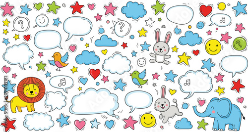 vector cartoon animals speech bubbles stars hearts clouds playful doodles colorful communication design for children