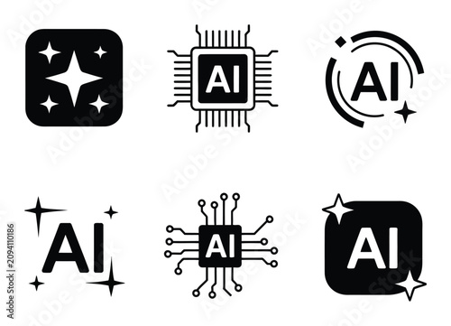 Bild auf Leinwand 現代テクノロジー向けのマイクロチップ きらめき AI文字シンボルを特徴とする白黒人工知能コレクション