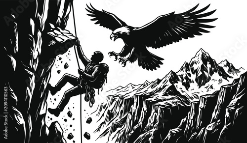 Tableau sur toile Epic Black and White Vector Illustration of a Rock Climber Scaling a Steep Cliff