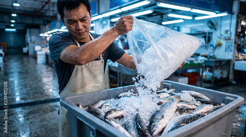 Asian Worker Adding Ice to Keep Fish Fresh
