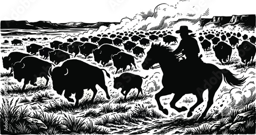 Фотография Vintage Woodcut Illustration of a Lone Cowboy on Horseback Galloping with a Massive Stampede of Bison Across the American Prairie Plains, Retro Black and White Western Landscape Art