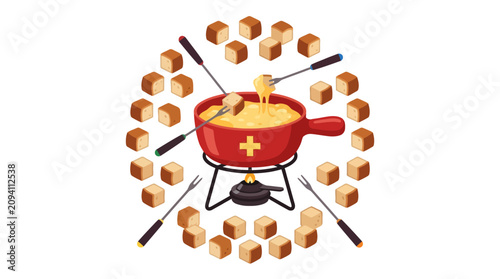 Traditional Swiss Cheese Fondue Pot with Bread Cubes Illustration. EPS Editable. Vector Illustrations.