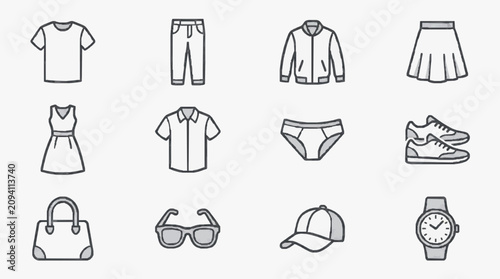 Konstfotografi Clean Minimalist Line Drawing Set of Everyday Clothing and Accessory Icons in Mo