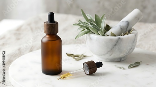 Essential oil bottle sits next to a marble mortar and pestle filled with fresh green sage leaves.