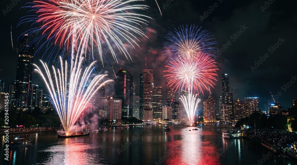 Obraz premium Colorful Fireworks Bursting Over Glowing City Skyline at Night