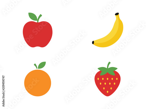 Colorful illustration of fresh fruit including apple, banana, orange, and strawberry