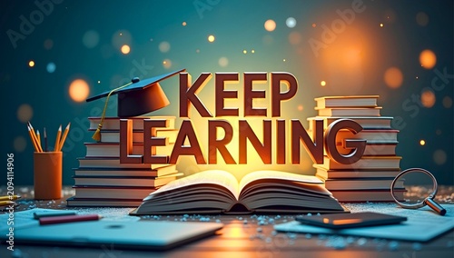 Artwork showing inspirational KEEP LEARNING text illuminated warm light surrounded by stacks of books open book graduation cap pencils magnifying glass bokeh background