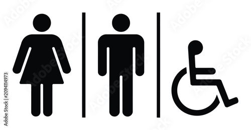 Foto 白背景に男性 女性 障害者対応施設を示す白黒トイレサイン