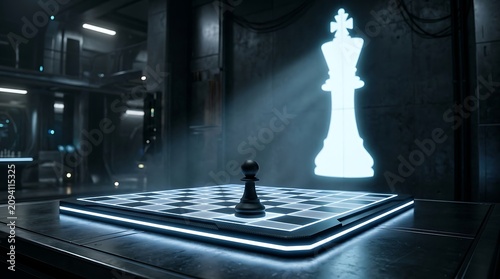 Chess pawn stands on a glowing neon chessboard in a futuristic dark room with a holographic king.