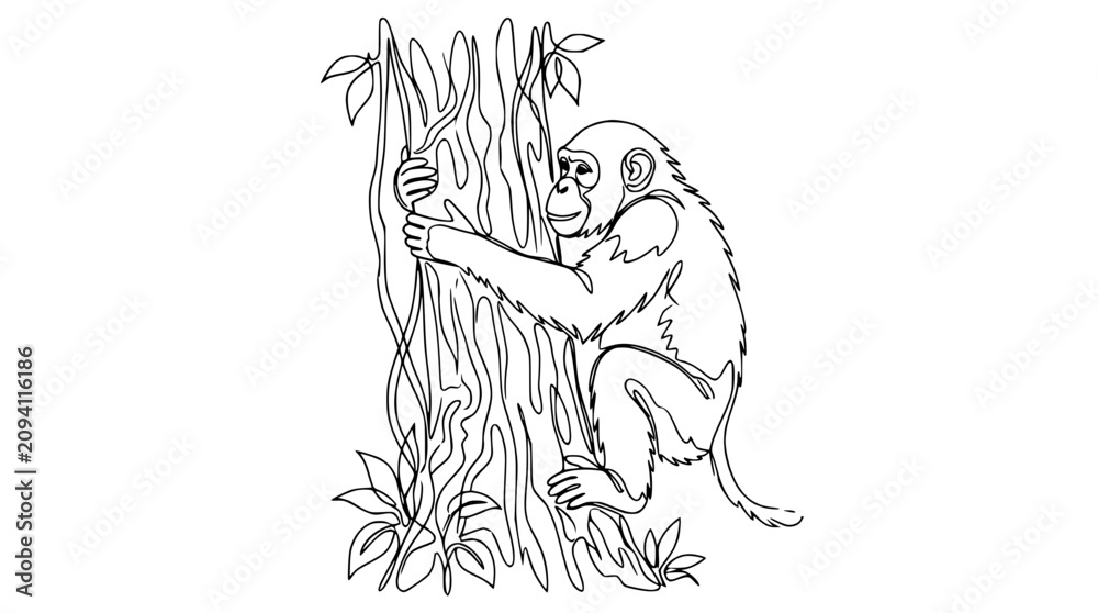 Obraz premium Chimpanzee Climbing Tree Line Art Illustration