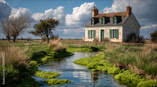 Old stone country house beside a small stream with farmhouse landscape countryside