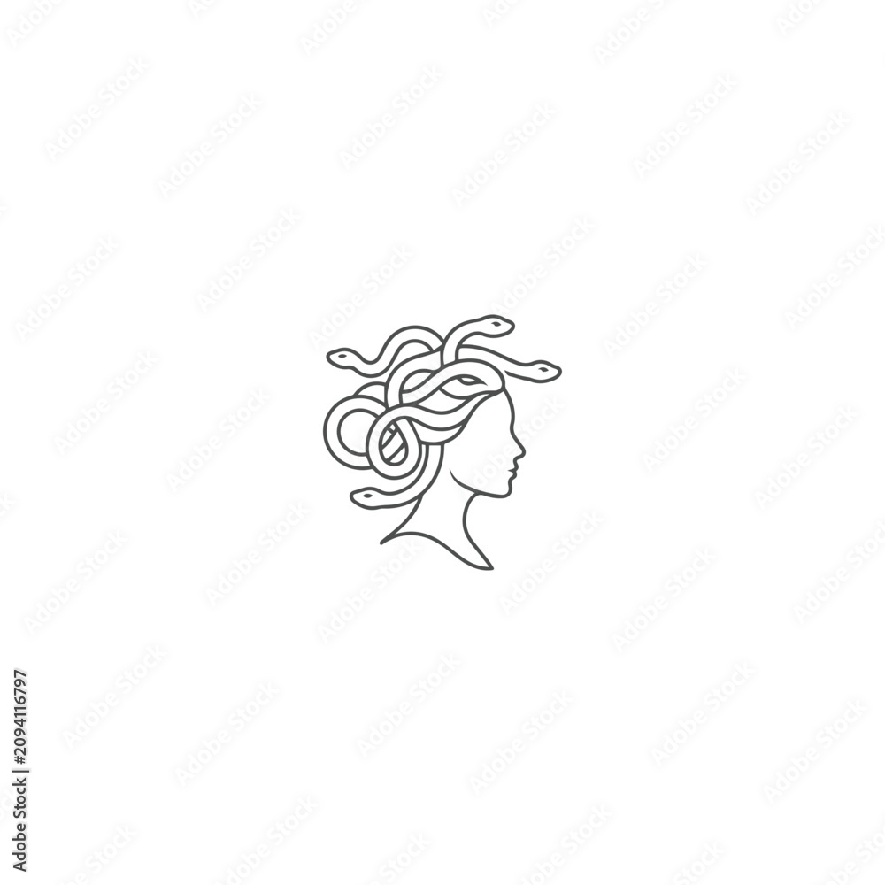 Obraz premium Elegant Medusa Woman Line Art Logo with Serpent Hair for Mythology Luxury and Fashion Brand