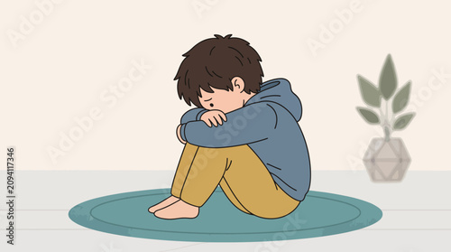 A cartoon boy sitting alone on a mat looking sad and depressed.