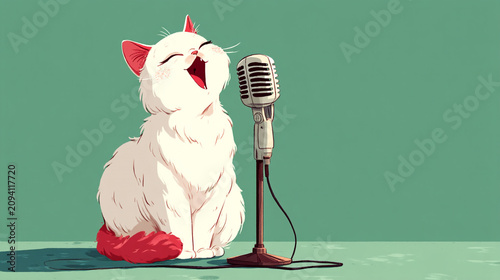 White fluffy cat singing into a vintage microphone on stage with microphone, performance
