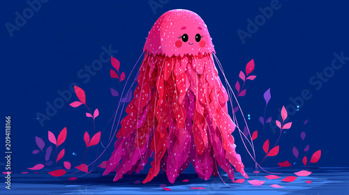 Pink jelly creature with leaves illustration jellyfish creature character illustration
