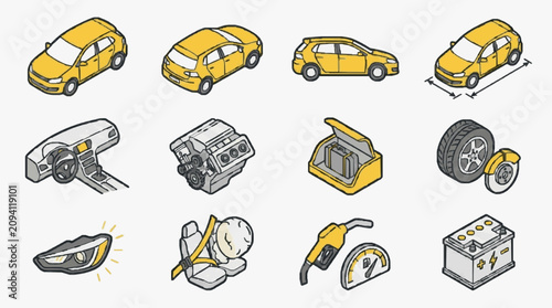 Clean Yellow and Gray Set of Car Parts and Maintenance Tools with Vehicles in Various Angles with high quality professional line art symbols for modern creative design and digital branding projects