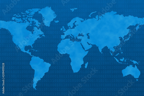 Abstract Stylized World Map Silhouette in Blue Grid Pattern Background
