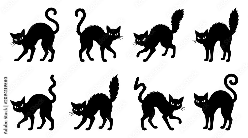 Fototapeta premium Set of black cat silhouettes in arched back poses for spooky holiday design elements
