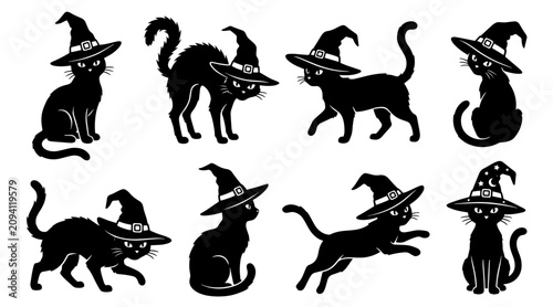 Photography Collection of black cats wearing witch hats in various poses isolated on a white