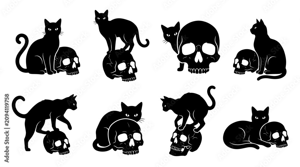 Obraz premium Collection of black cat silhouettes with human skulls in a minimalist graphic vector art style