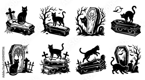 Black cat silhouettes with coffins in a graveyard setting featuring spooky gothic vector illustrations