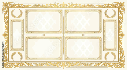 Elegant Ornate Ceiling Design, Golden Decorative Frames, Classic Ornamentation